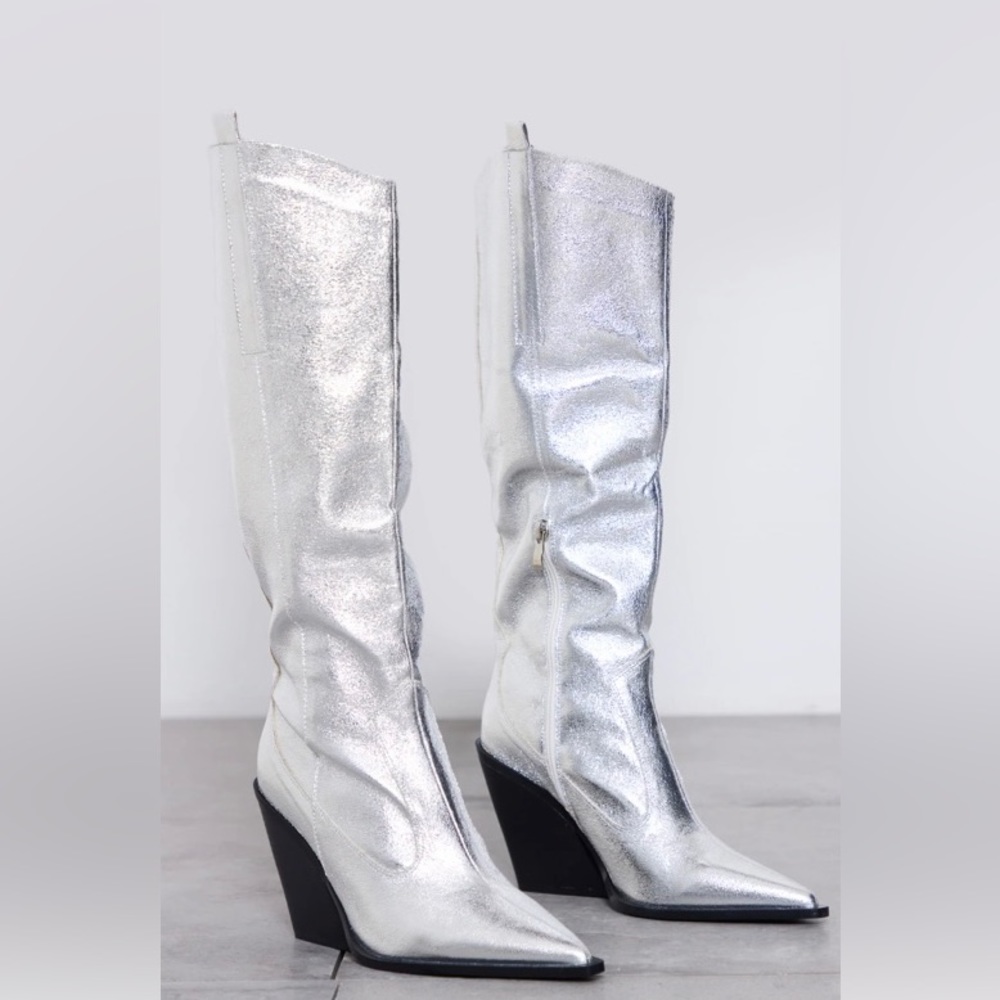 Silver Metallic Western Pointed Wedge Heeled Knee Boots